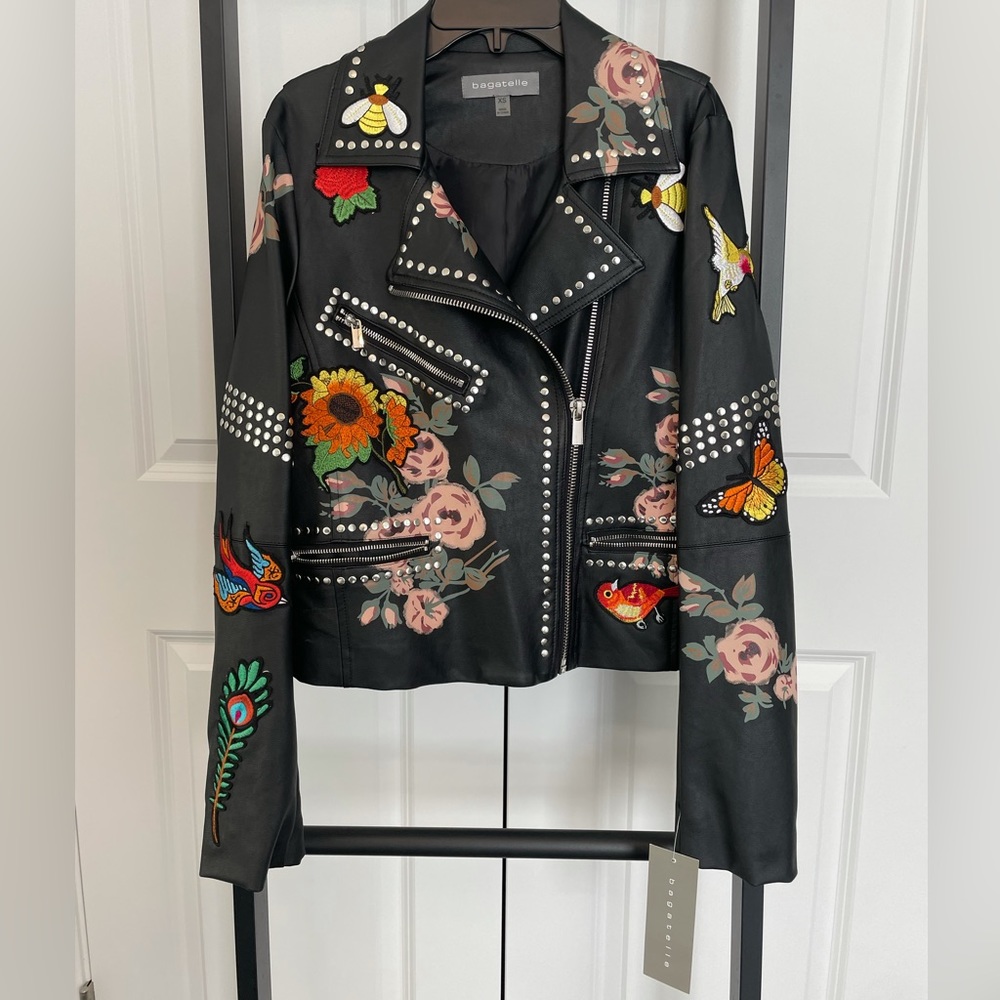 NWT Bagatelle floral black leather jacket XS